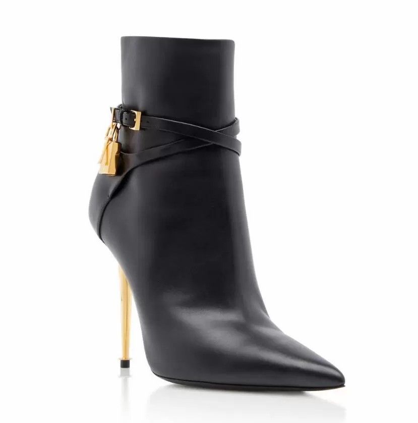Winter Luxury Women Ankle Boots thin heel brand designer woman Belt boot padlock and gold heeled pointy toe dress wedding party gift with box