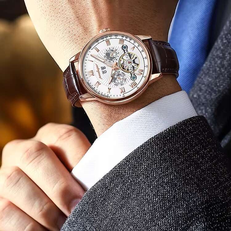 DHgargets POEDAGAR Men's Luxury Automatic Watch - Tourbillon, Calendar, Moon Phase, 50M Waterproof, Ultra-Thin 6mm, Genuine Leather Strap