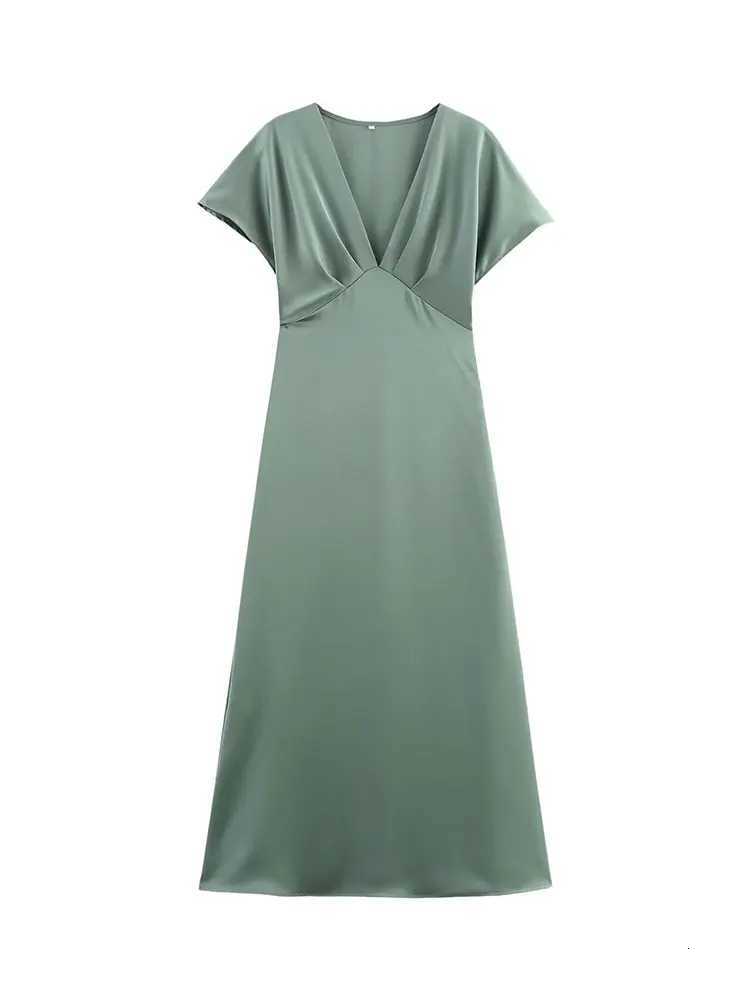 TRZA Women Ele Solid Satin Dress Sexy V Neck Short Sleeve Midi Dress 2025 New Fashion Summer Lady Holidays Party Dress XJ250722