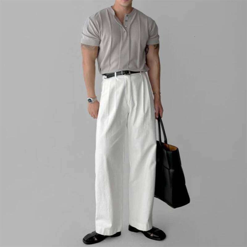 New Fashion Men Henry Collar T-Shirt Leisure Knit Short Sleeve Tops Korean Style Summer Stretchy Breathable Fiess Tees