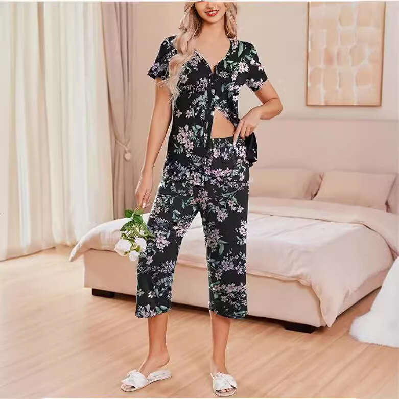 New Women's Pajamas Short Sleeve Top And Capri Pants Printed Pajama Set With Pockets B5