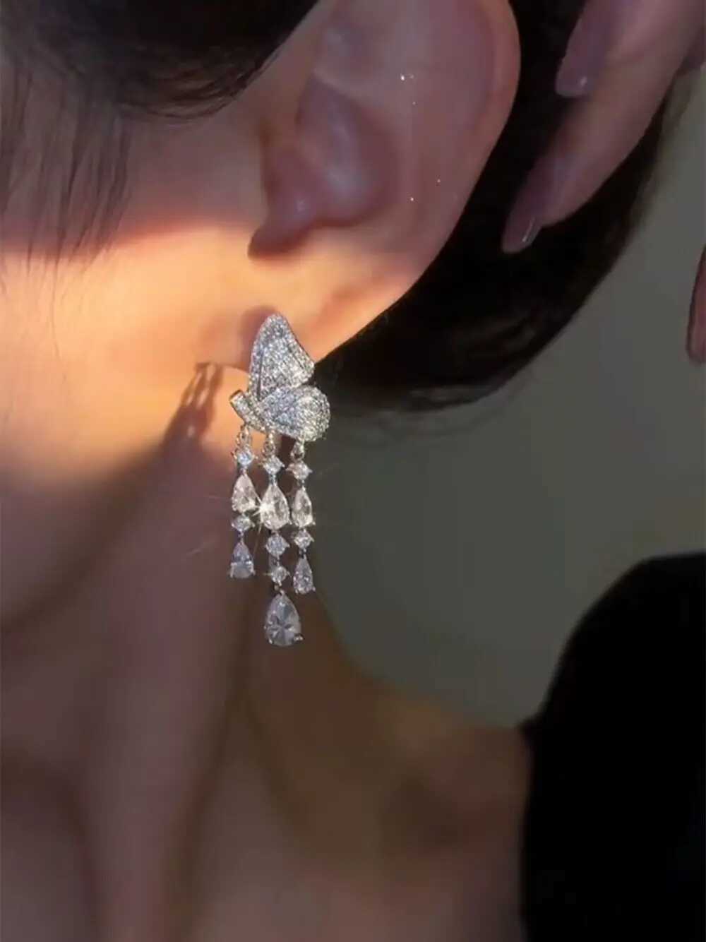 Light Luxury Banquet Jewelry Zircon Earrings Long Tassel Butterfly Earrings New Earrings All-match Earrings XJ250722