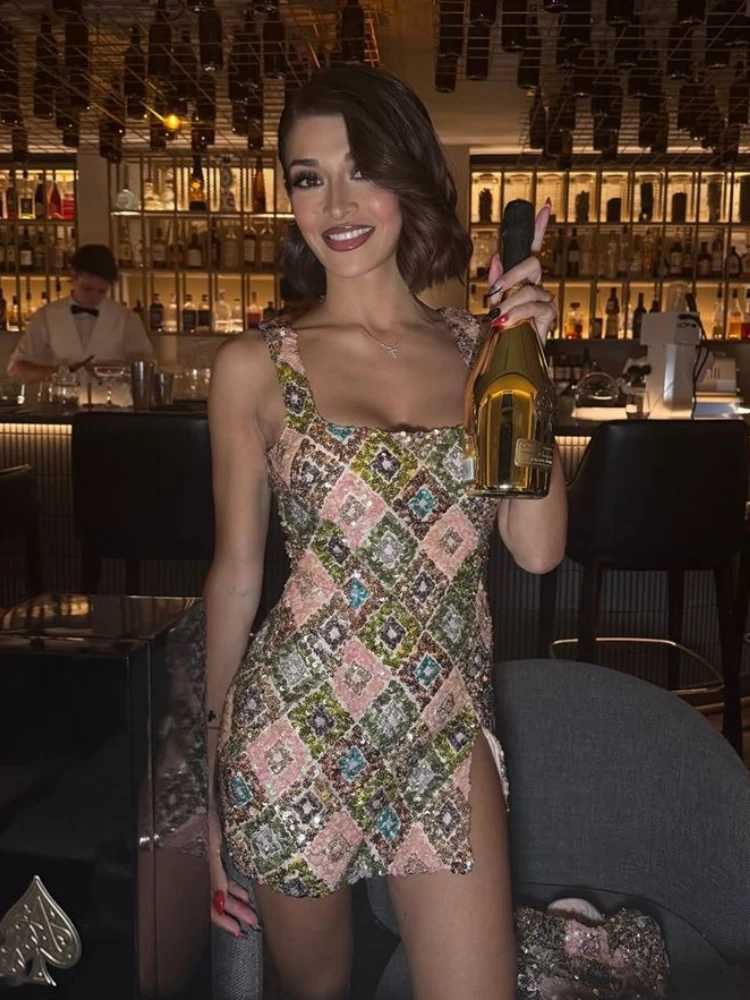 Colorful Rhombus Sequins Sexy Mini Dress Elegant Chic Straps Slit Bodycon Party Dresses Summer Holidays Evening Women Dress 2025 XJ250722