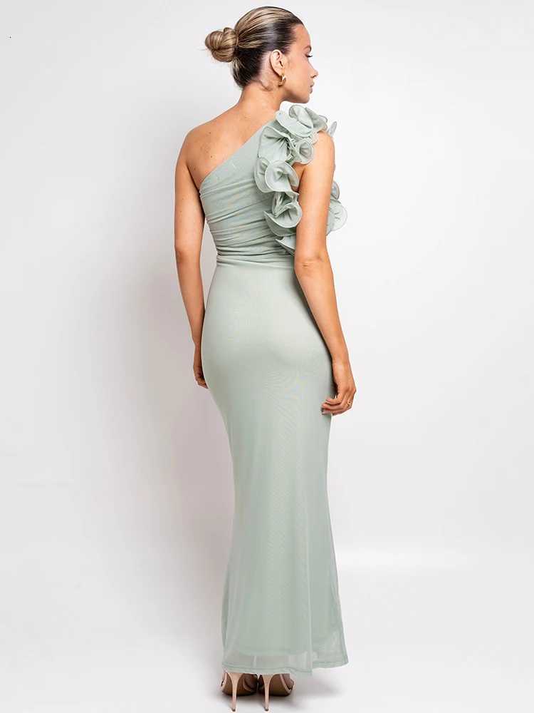 Mozision Shoulder Floral Mesh Ruched Sexy Maxi Dress For Women Gown Oblique Shoulder Sleeveless Backless Bodycon Long Dress XJ250722