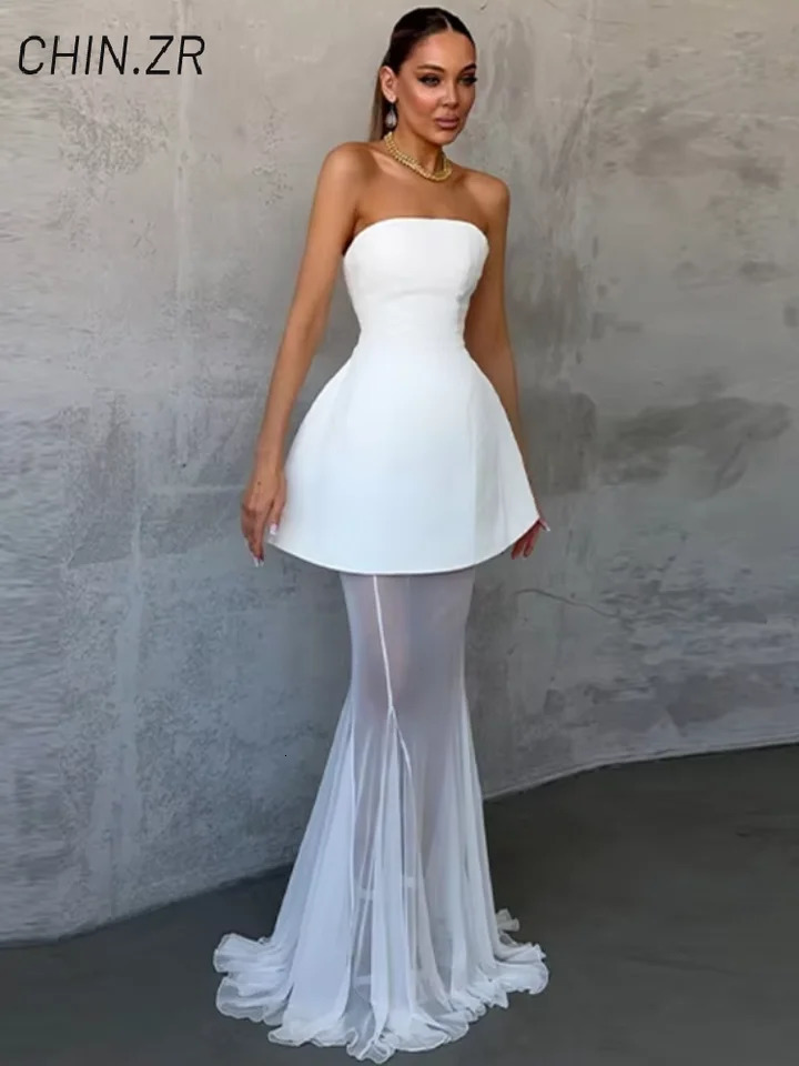 Elegant Strapless Top Fishtail Skirt Sets Women Bandage Sleeveless Backless Puffy Vests See Through Skirts Summer Lady Suit 250714