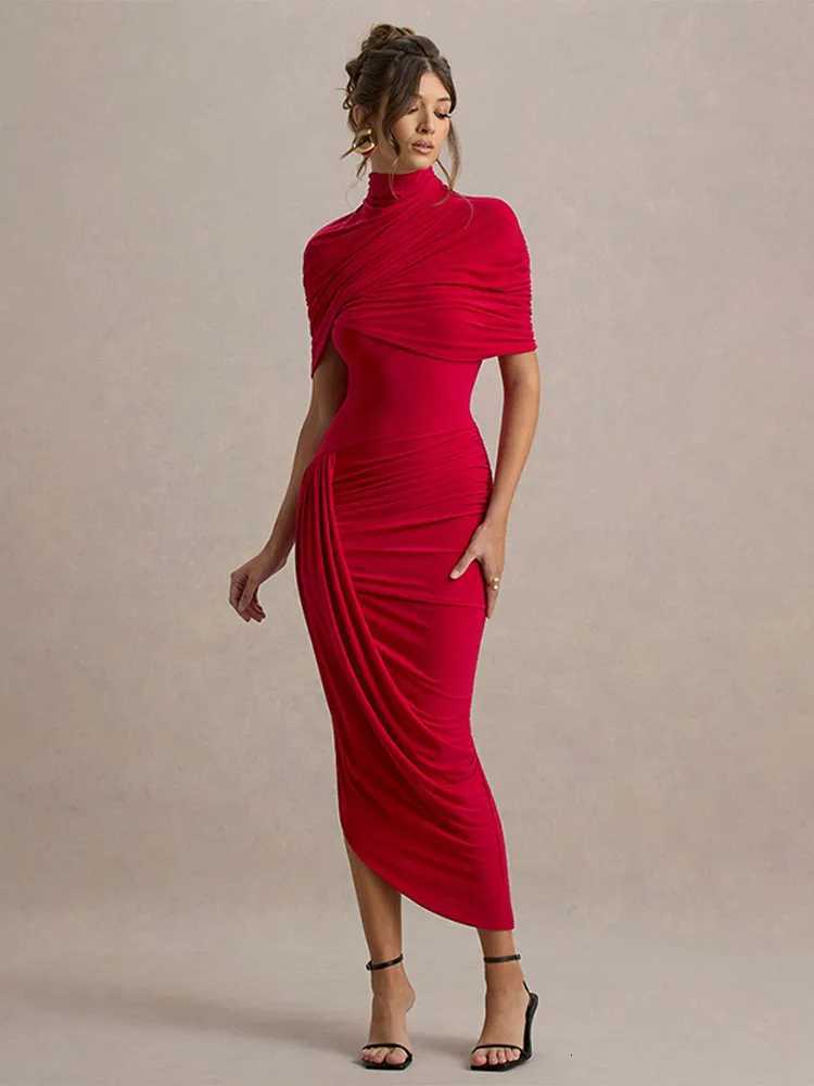 100% Solid Pleated Maxi Dresses Women Fashion Chic Round Neck High Collar Split Slim Fit Long Dresses 2025 Dinner Party Wear XJ250722