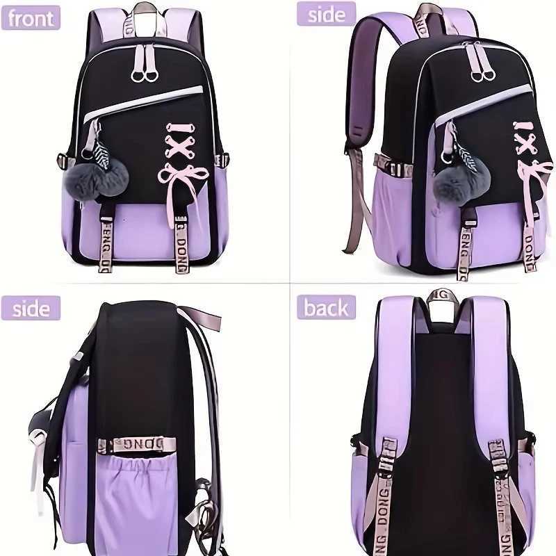 Large Capacity Schoolbag with Cute Plush Pendant Cute Girls Backpack Waterproof Nylon Fabric Bookbag for Kids Teens Students Y250722
