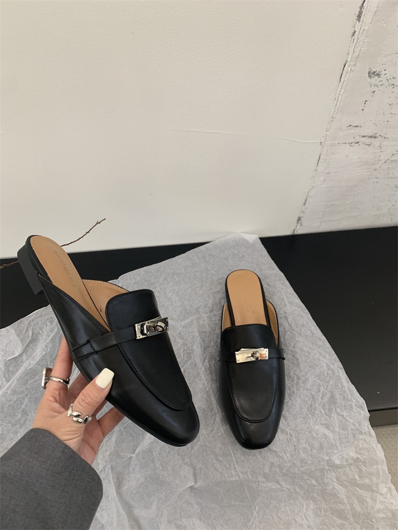 French cowhide sandals toe semi-slippers women's wears spring and summer lazy casual one-footed muller commuter shoes2025