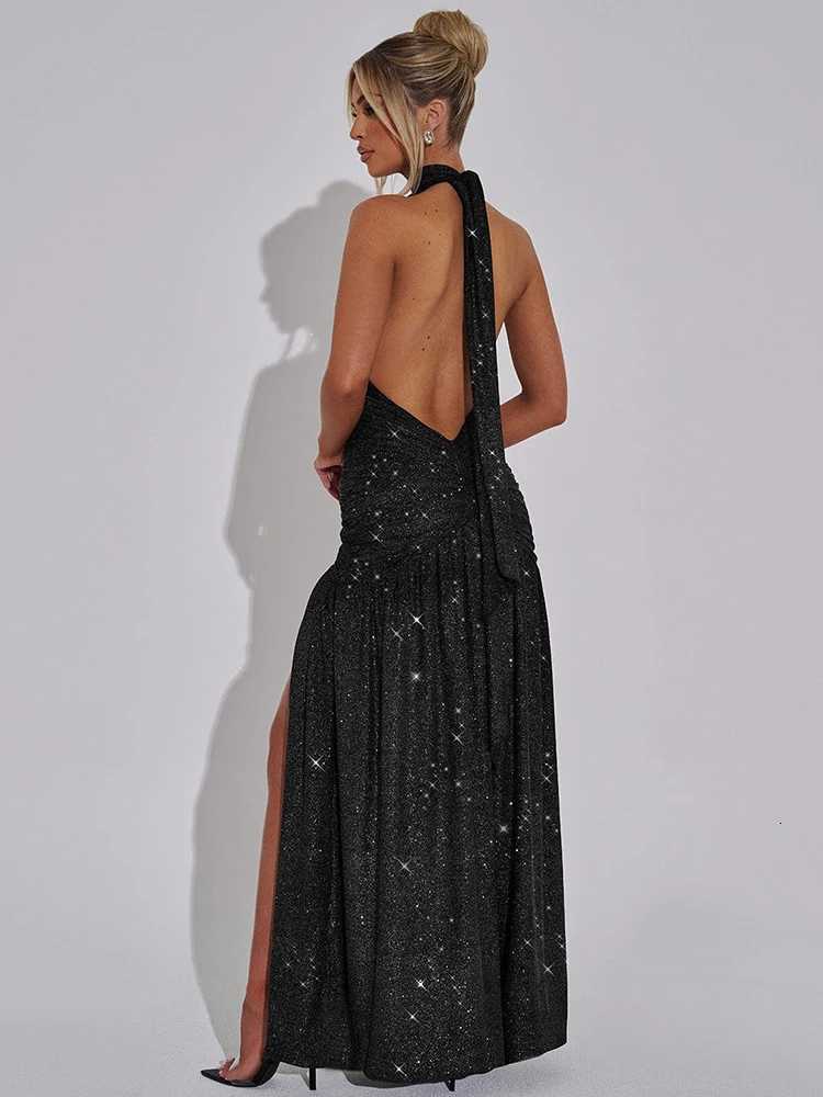 Mozision Glitter Deep V Neck Sexy Maxi Dress For Women 2025 Fashion Sparkle Halter Sleeveless Backless Split Club Long Dress XJ250722