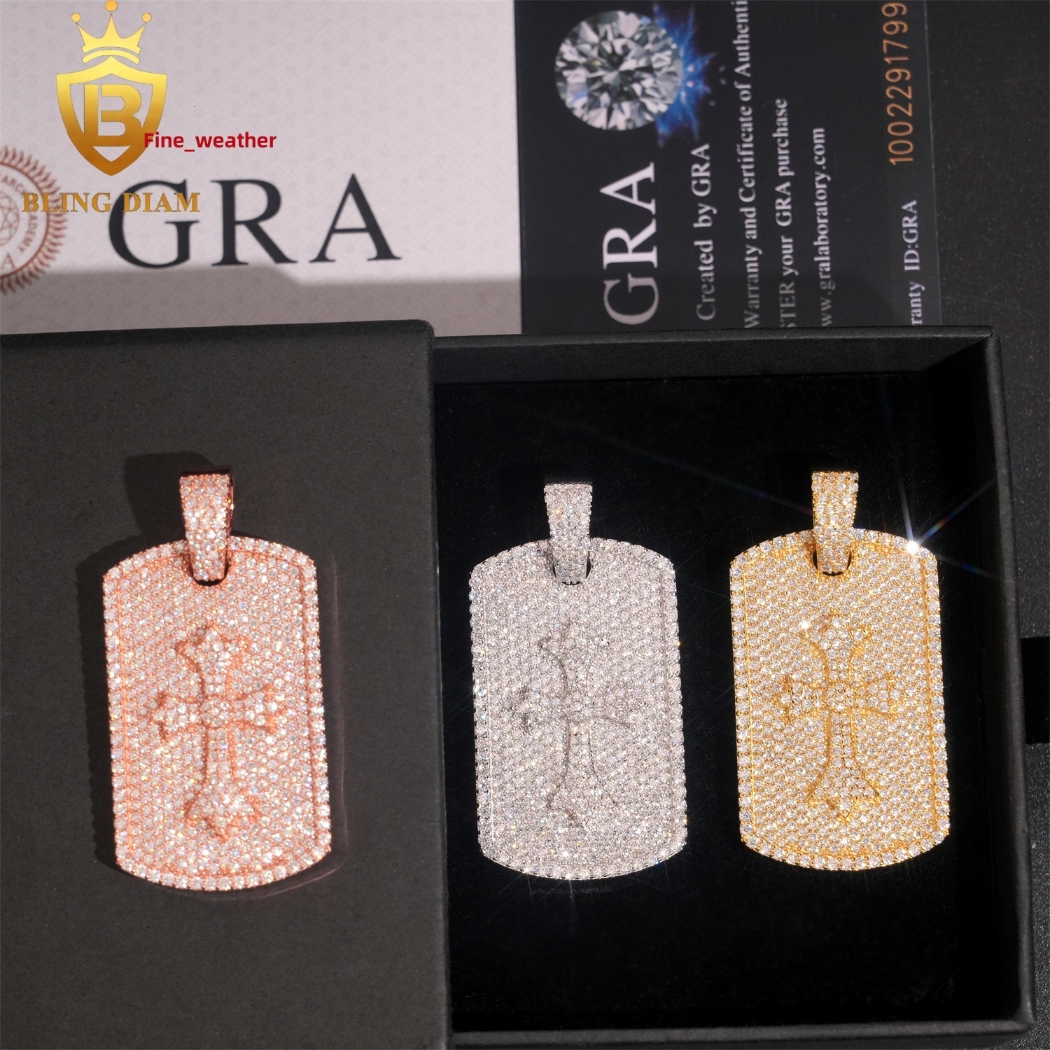 Iced Out Custom Jewelry Dog Tag Pendant Hip Hop Necklace Vvs Moissanite Baguette Shape 925 Sterling Silver Gold Plated
