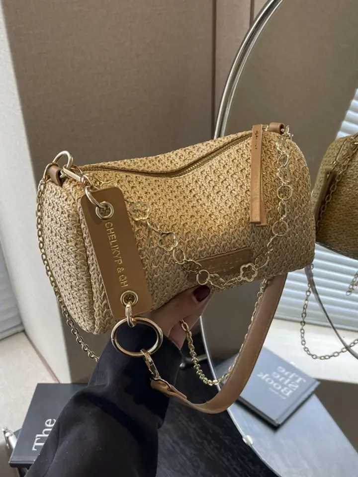 new spring and summer contrast striped woven shoulder bag with letter decoration crossbody bag Y250722