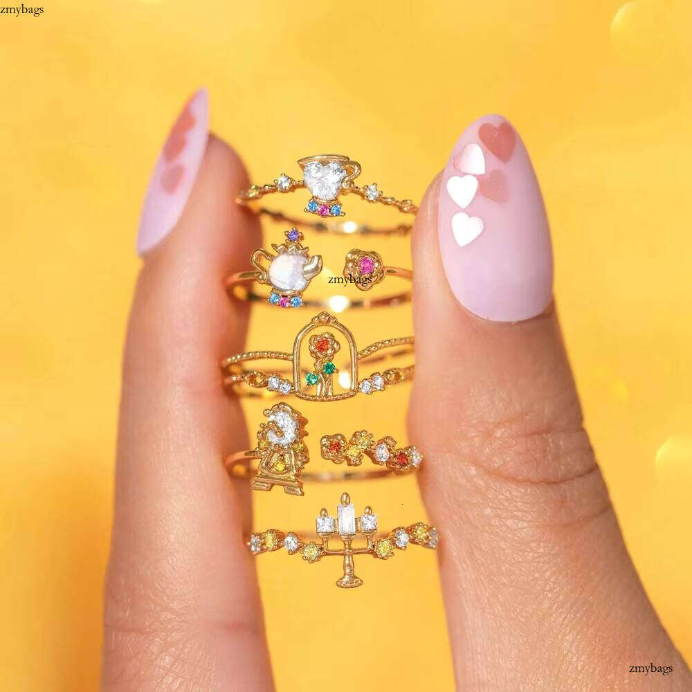 Princess Series VVS Moissanite Beauty Beast Cute Teapot Candle Rose Adjustable Ring Women's Fashion Accessories