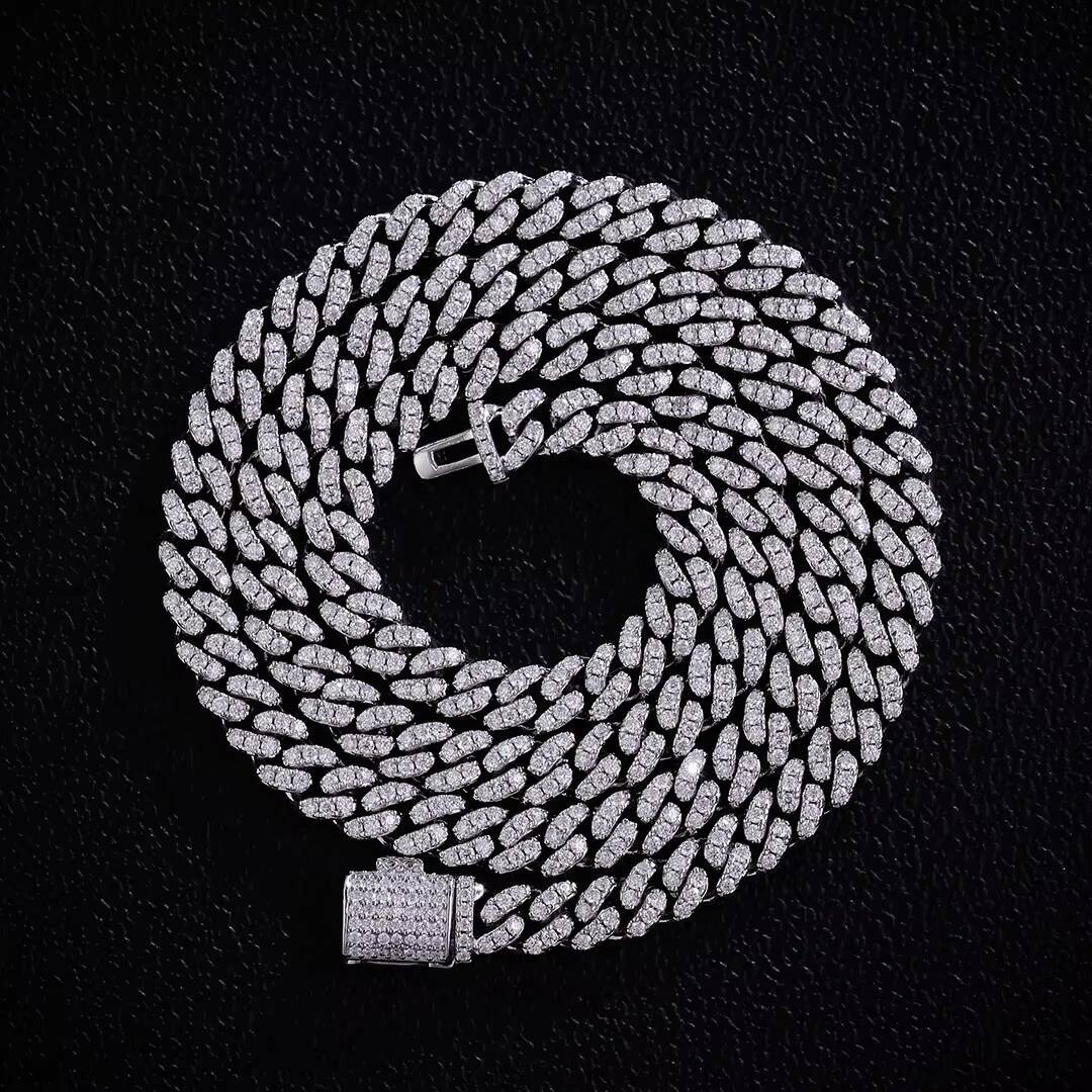 925 Sterling Silver Plated 18k Gold Iced Out Hip Hop Miami Cuban Link Chain Necklace 8mm 10mm 12mm 15mm Moissanite Cuban Chain