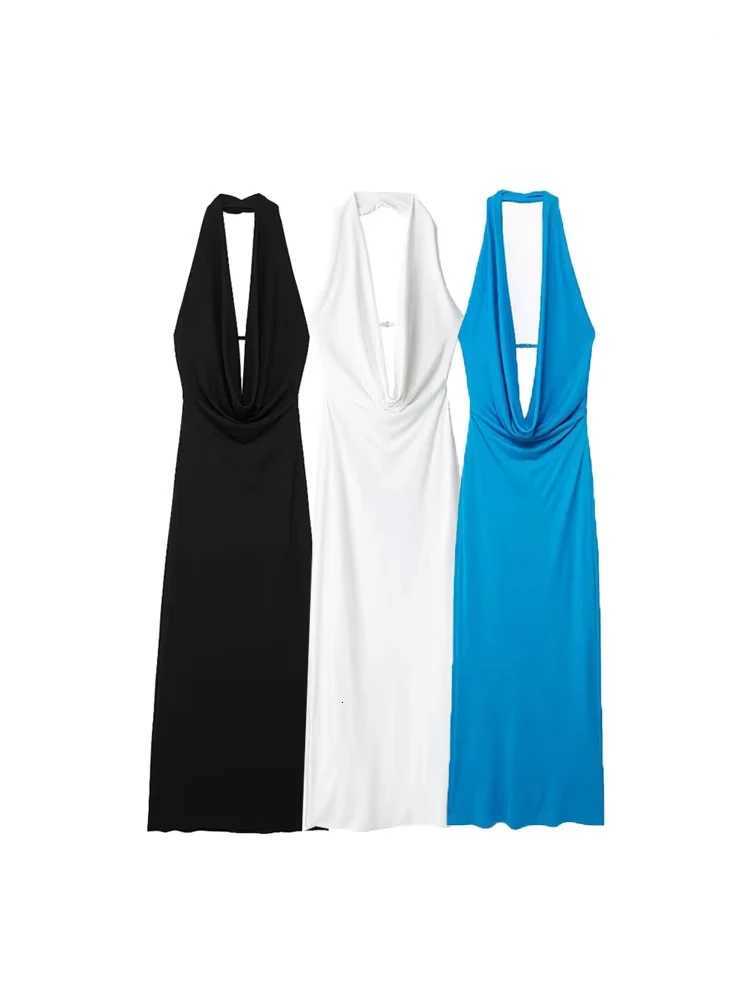 TRZA-Womens Draped Halter Neck Midi Dress Backless Back with Strap Party Fe Dresses Sexy Fashion XJ250722