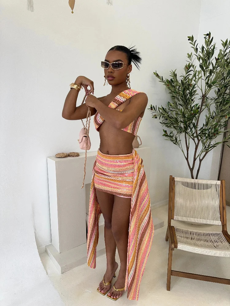 Knit Sequin Sexy One Shoulder Skirt Women Set colorful Crop Top Draped Mini Skirts Slim Bodycon 2 Pieces Sets Lady beachwear 250714