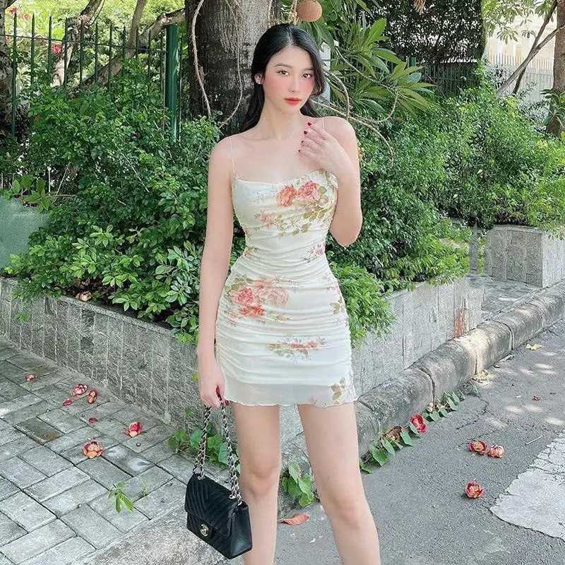 2022 European and American style suspender mesh retro floral dress irregular printed sexy tight hip skirt XJ250722
