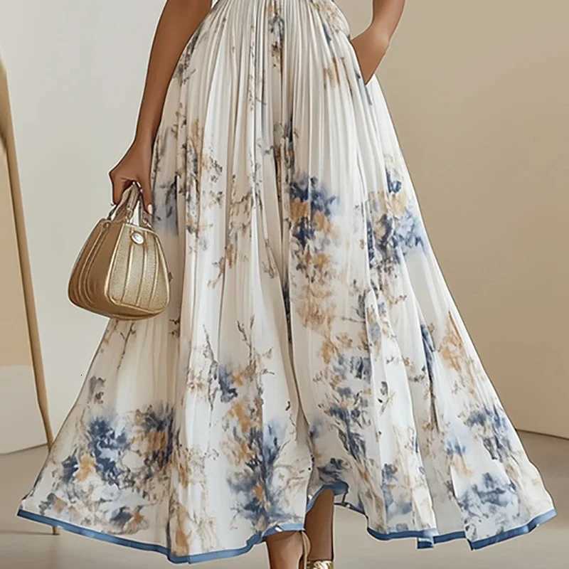 Summer Hanging Neck Sleeveless Waist Party Maxi Dress Women Ele Hollow Floral Print Pleated Chic Evening Gown Vacation XJ250722