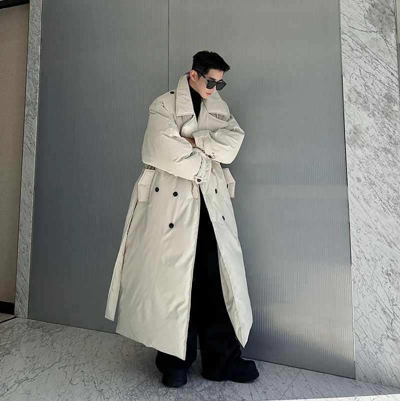 Fashionable Down Cotton-Padded Jacket Mens Trendy Winter Thickened Warm High-End Lace-Up Long Overknee Long Sleeve Coats W250722