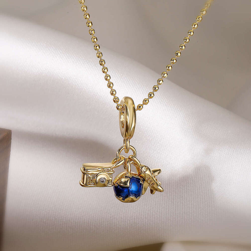 Luxury jewelry designer For women Australian antique copper plated 18K gold drip oil airplane travel pendant necklace niche versatile collarbone chain - view 4