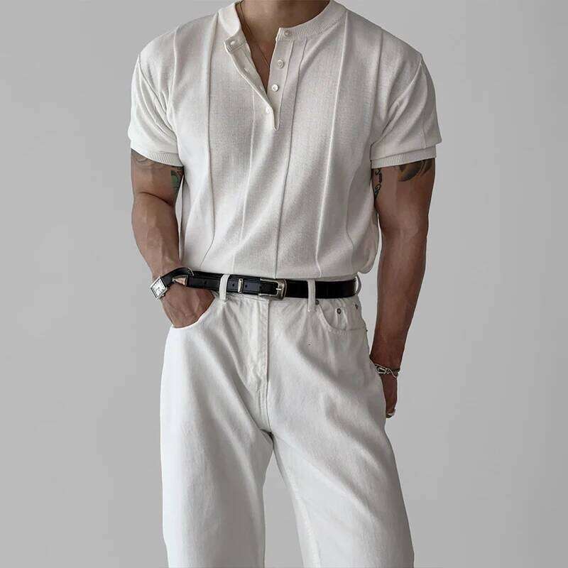 New Fashion Men Henry Collar T-Shirt Leisure Knit Short Sleeve Tops Korean Style Summer Stretchy Breathable Fiess Tees