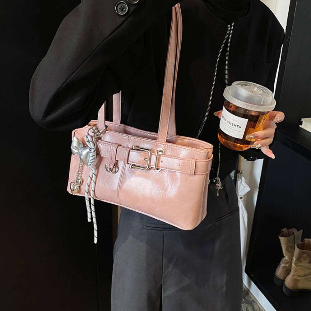 Belt Buckle Design Shoulder Satchels Bag for Women New in Designer Handbags Branded Fashion Totes with Pendant