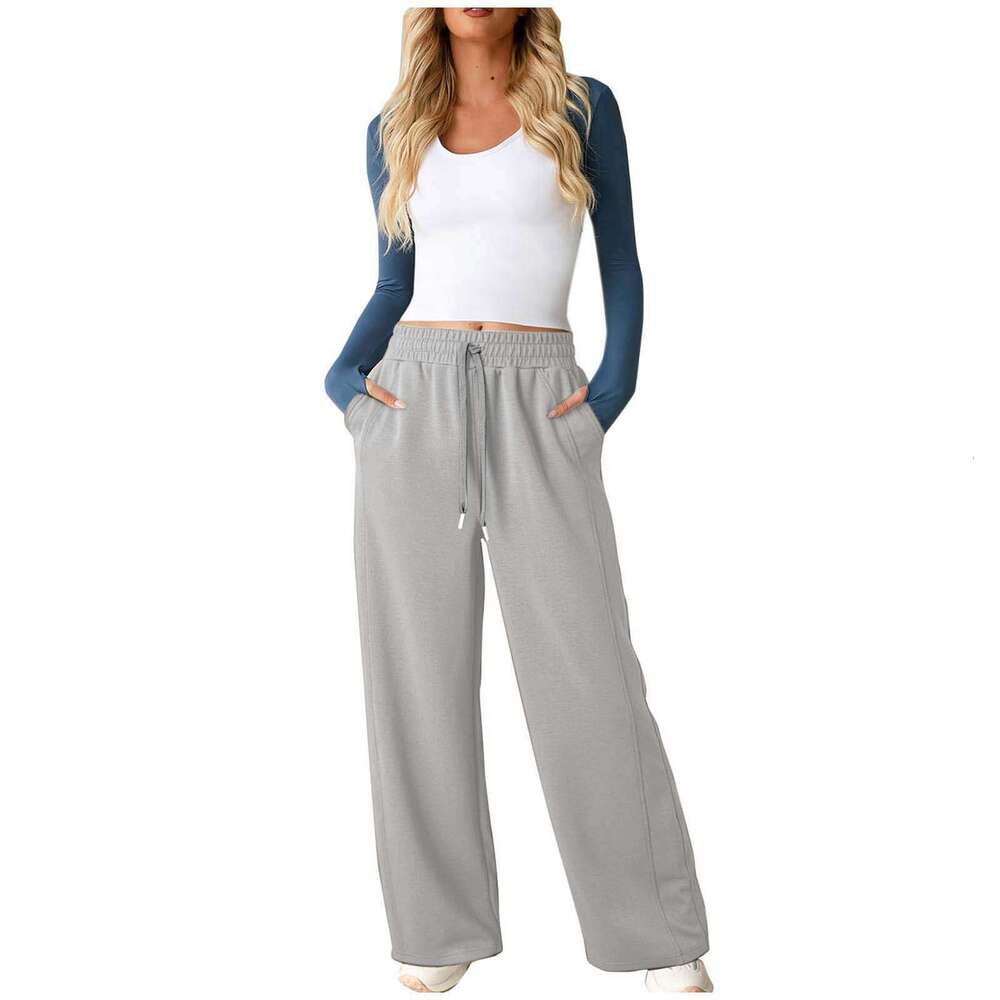 Women's Flowy Casual Straight Elastic Waist Drawstring Wide-Leg Pants B5