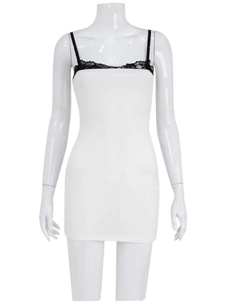 Lace Patchwork Spaghetti Dresses For Women Fashion Sexy Club Y2K Sleeveless Slash Neck Skinny Mini Dresses Robes Fe Bodycon XJ250722