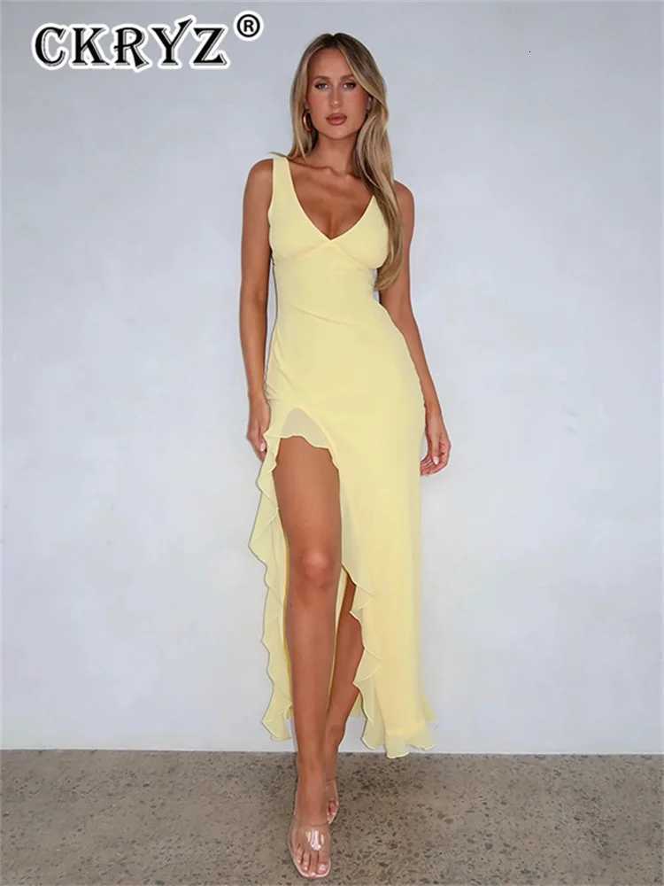 2025 Ladies Summer Ruffle Evening Birthday Party Dress Women Sleeveless Backless Side Slit Long Dresses Clubwear Women Clothes XJ250722