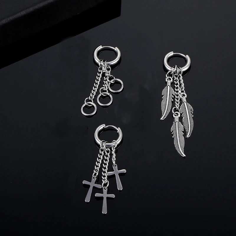 1pc Simple Design Cross Feather Tassel Earring Stainless Steel Fashion Geometric Pendant Stud Ear Jewelry Party For Women Men XJ250722