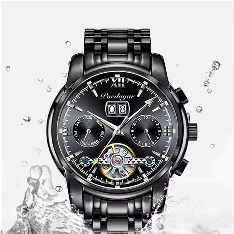 DHgargets POEDAGAR Men's Automatic Watch - Tourbillon, Day/Date, 50M Waterproof, Luminous, Stainless Steel Band, Business Mechanical Watch