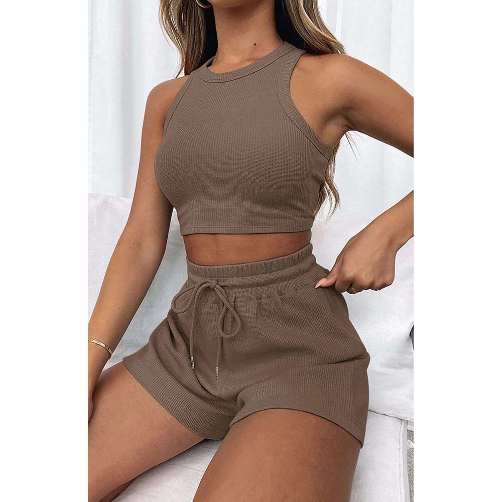 Summer New Sleeveless Waffle Solid Color Vest Fashion Casual Short 2-Piece Set For Women B5