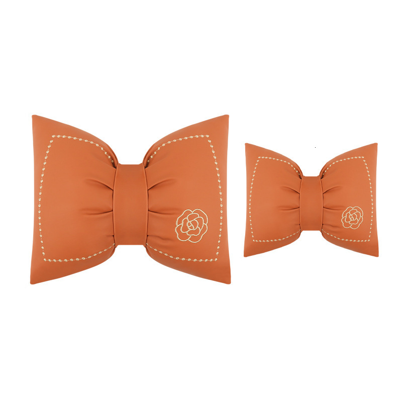Leather Bow Embroidered Headrest Lumbar Support Set Car Neck Protection Waist Pillow Cushion