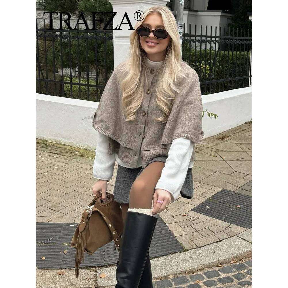 Vintage Women Knit Cape Cropped Cardigan Female Short Solid Soft Loose Shawl Sweater Elegant Button Jacket Knitwear