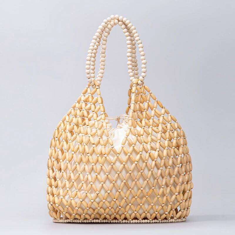 Simple Casual Handwoven Wooden Bead Handbag New Retro Versatile Summer Vacation Handheld Women's Shoulder Bags Water Bucket Bag