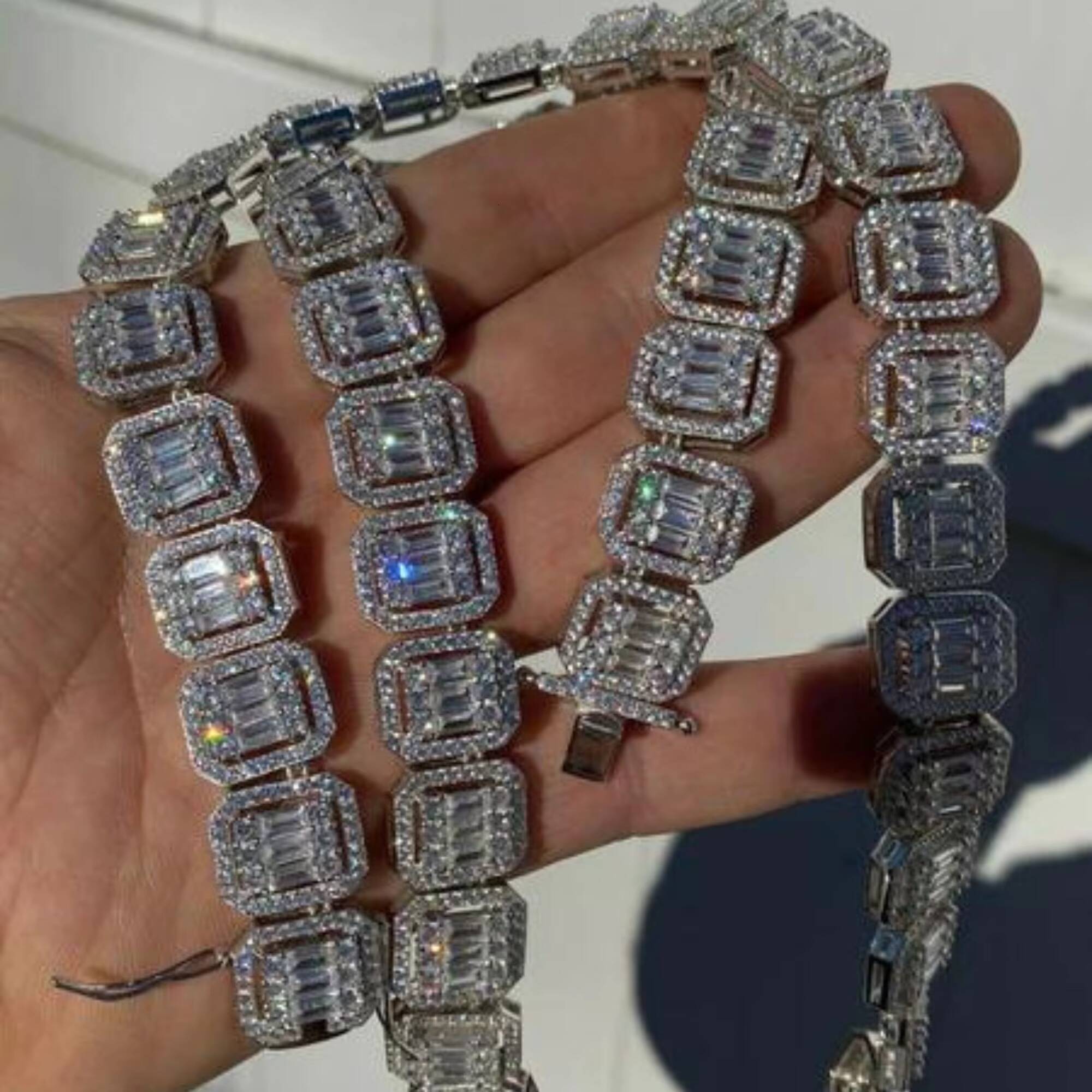 High Quality Customized 10 mm Cuban Link Moissanite Diamond Chain 925 Sterling Silver White Gold Diamond Chain