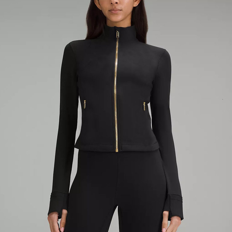 2025 new Cropped Gold Zipper Yoga Jacket Stand Up Collar Yogo Clothes Long-Sleeve Thumb Hole Training Running Sweateshirt Women Slim Fitness Coat Sports Outfits