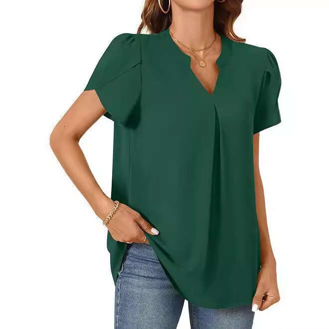 Summer Simple Fashion Casual Style Women's Shirt Solid Color Ruffle Sleeves B5