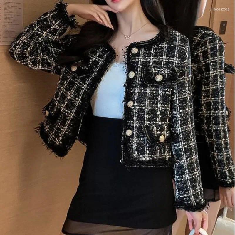 Women's Jackets Autumn Winter Fashion Korean Chic Vintage Tweed Woolen Jacket Coat Plaid Tassel Outerwear Elegant Slim Streetwear Coats