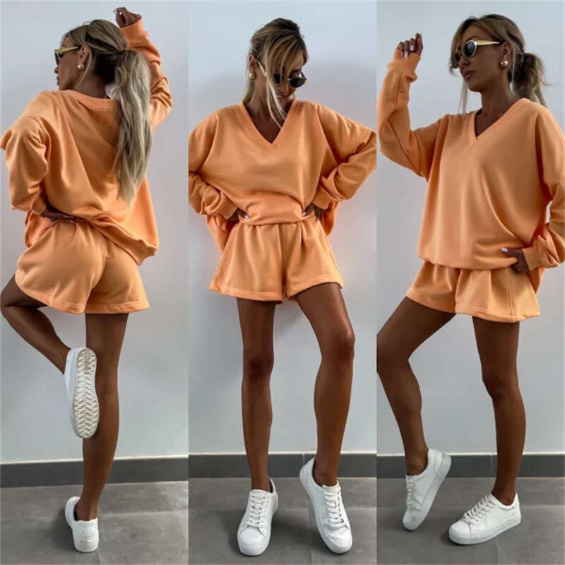 Summer New Women's Casual Striped Long Sleeve V-Neck Loose Top Sports Shorts 2-Piece Set For Women B5