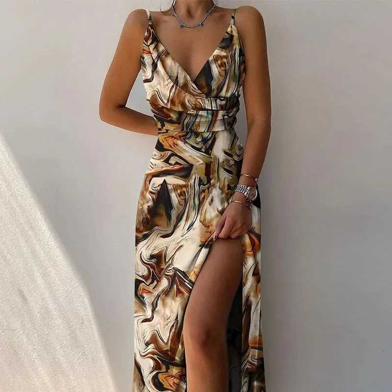 Summer Ele Suspender Tight Womens Dress Fashionable And Sexy V-neck Striped Print Slit Drawstring High Waist Long Skirt XJ250722