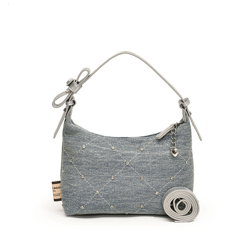 Summer new women's crossbody bag niche design denim armpit fashion handbag designer rhinestone rivet diamond grid shoulder