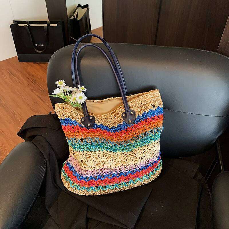 2025 New Fashion Summer Beach Vintage Woven Straw Handbag Rainbow Color Female Shoulder Vacation Tote Bag