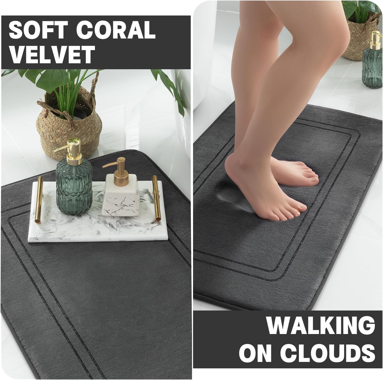 Memory Foam Bath Mat 2 Set Non Slip Super Soft Water Absorbent Machine Washable U Shape Toilet Mats Dark Grey Bath Rug Set