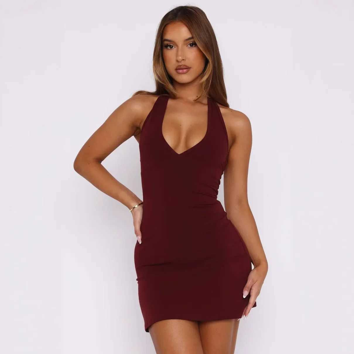 Sexy V-neck Sleeveless Bodycon Dress Womens Summer Fashion Pure Color Patchwork Wrap-around Skirt Princess Sleeveless Dress XJ250722