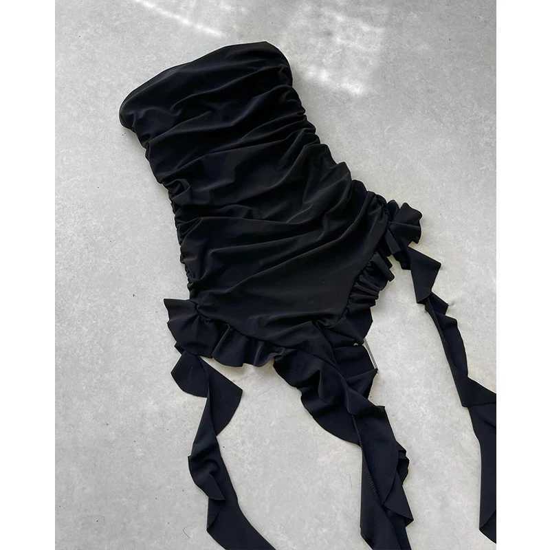 2024 Women Strapless Sexy Floral Fold Hemline High Slit Mini Dress Solid Backless Sleeveless Black And Pink Party Dress Vestidos XJ250722