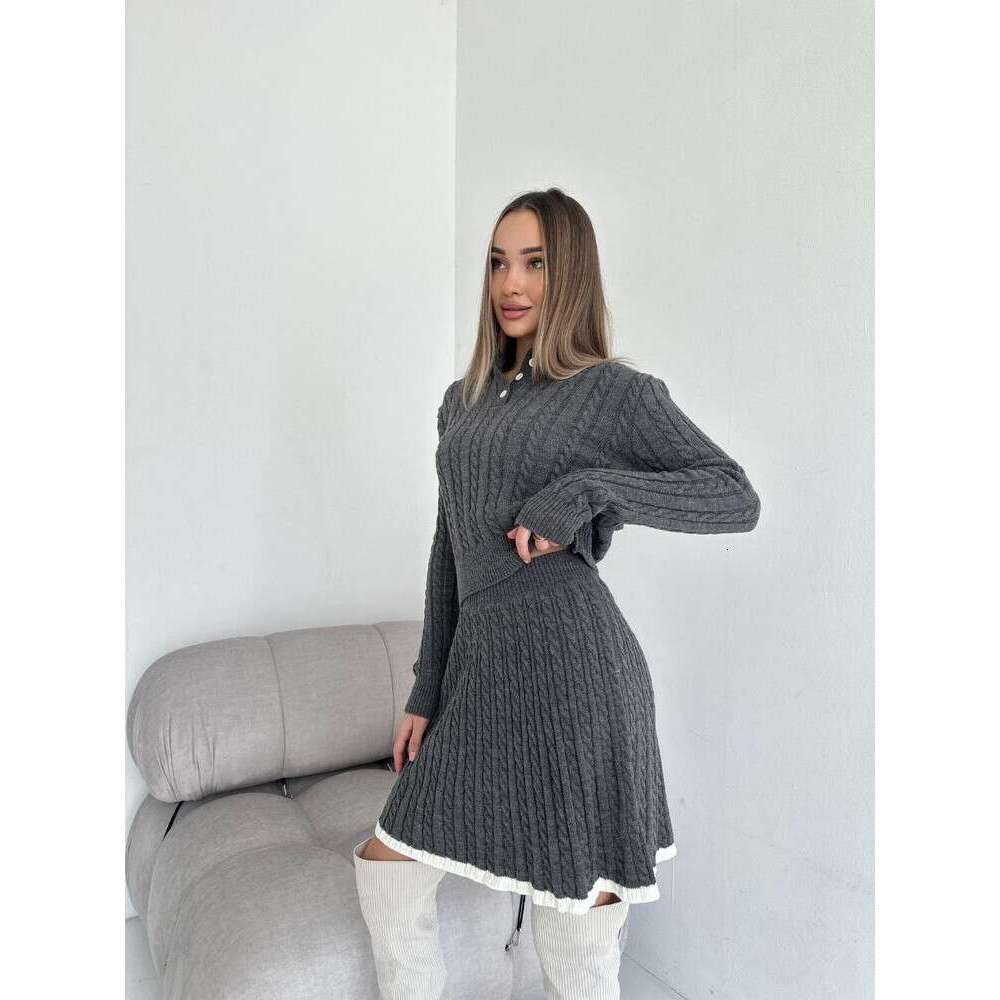 New Casual Dress Long Sleeve Knitted Button Sweater Short Skirt Two-Piece Set For Women B5