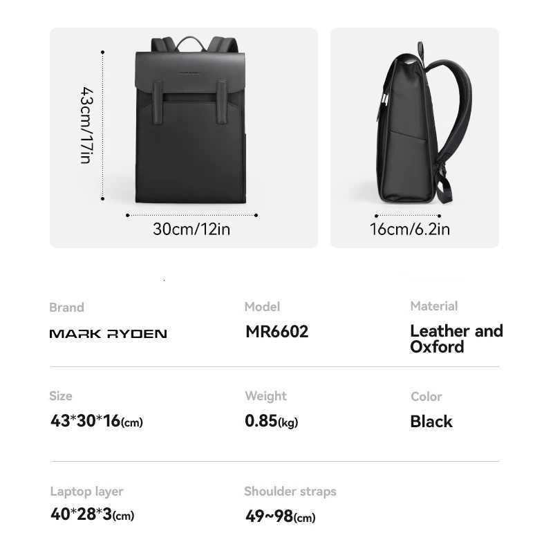 Mark Ryden Classic Business Work Black Leather Backpack 15.6 Inch Laptop Waterproof Bag School Bags Business Backpack for Men G250721
