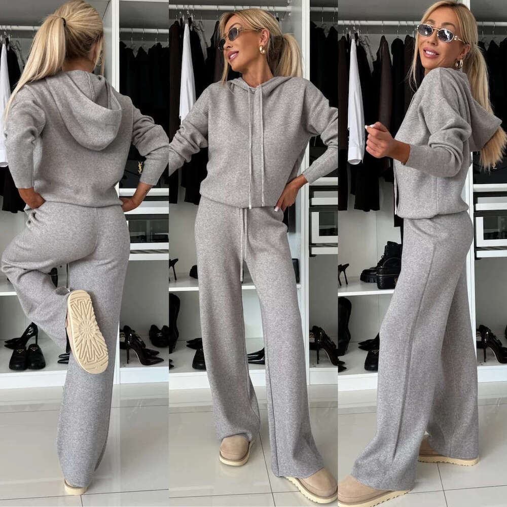 Autumn Winter New Casual Suit Women Solid Color Hooded Long Sleeve Sweatshirt Drawstring Wide Leg Pants Two-Piece Set B5