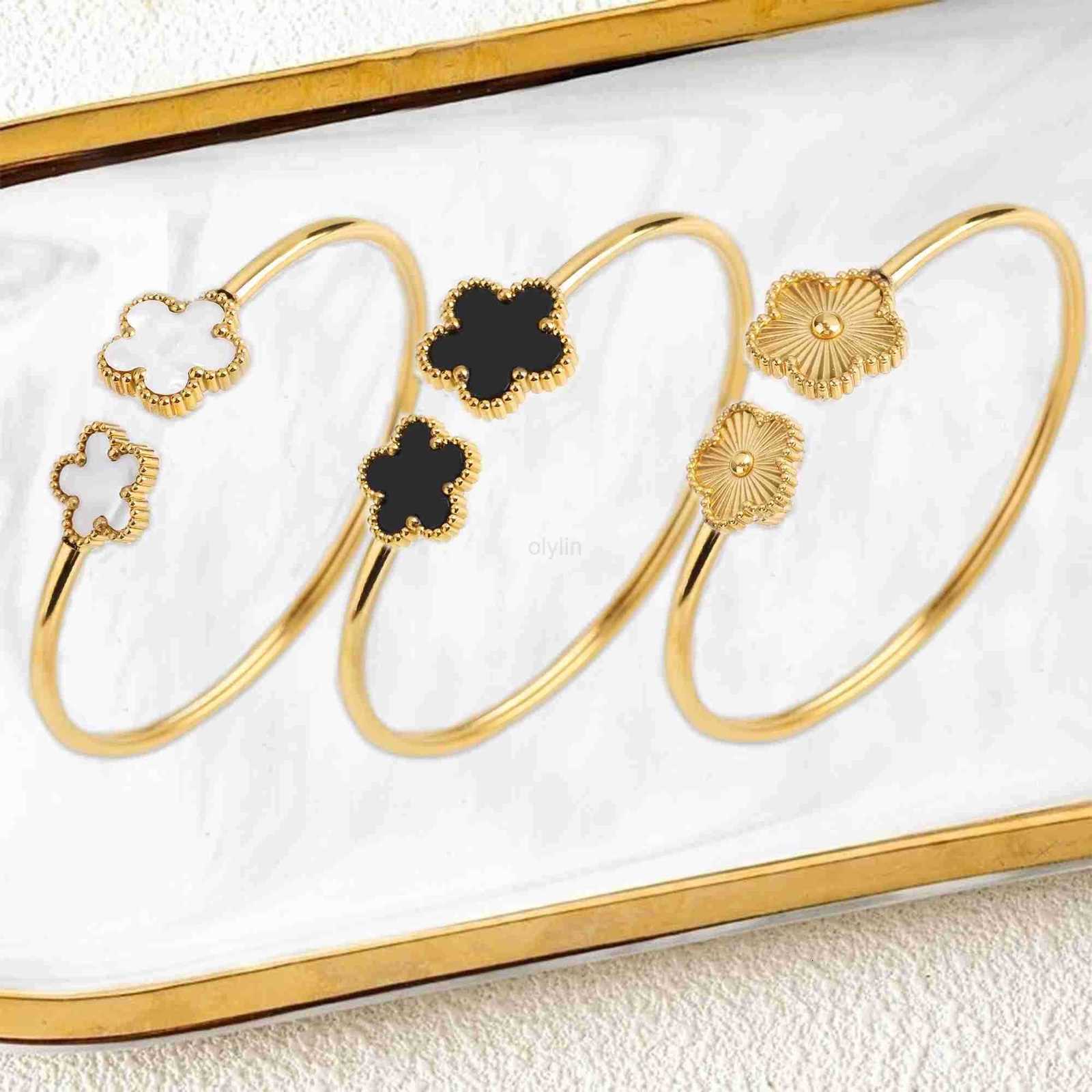 StainlESS Steel Exquisite Five-leaf Flower Open Bangle Gold Color Waterproof PVD Plated Wrist Jewelry Bijoux For Women M250722