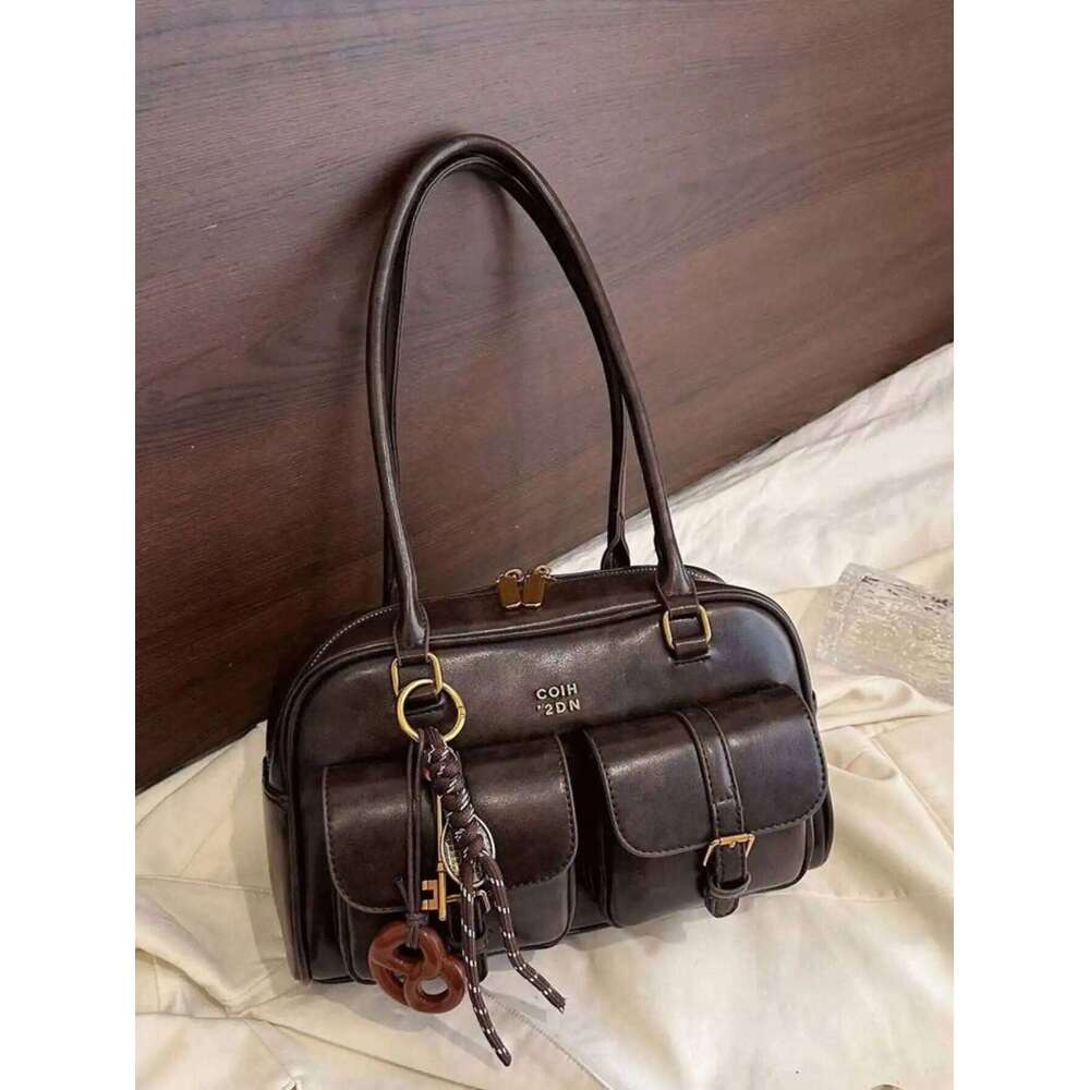 Vintage Brown Tote for Women, Crossbody Shoulder Bag with Metal Buckles & Keychain, Stylish Spacious Daily Purse